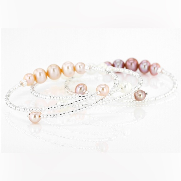 Sterling Silver Cultured Freshwater PEARLS, White, Lavender, Peach THREE Bangles - Picture 3 of 6